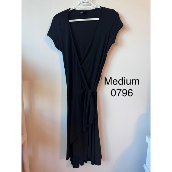 Chaps Dresses & Skirts - Chaps Womens Black Wrap Dress V-Neck Short Sleeve Tie Waist Midi Size Medium
